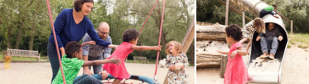 Ouderen en kinderen in de speeltuin.