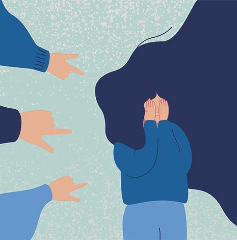 Illustratie van wijzende vingertjes naar een persoon met de handen voor het gezicht