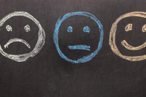 3 pictogrammen: droevig, neutraal, blij