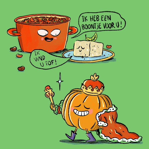 Grappige illustratie van chili sin carne, een blok tofu en een pompoen verkleed als koning.