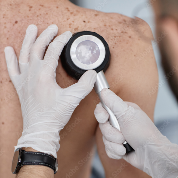 Een dokter kijkt vlekjes na op de rug van een patient